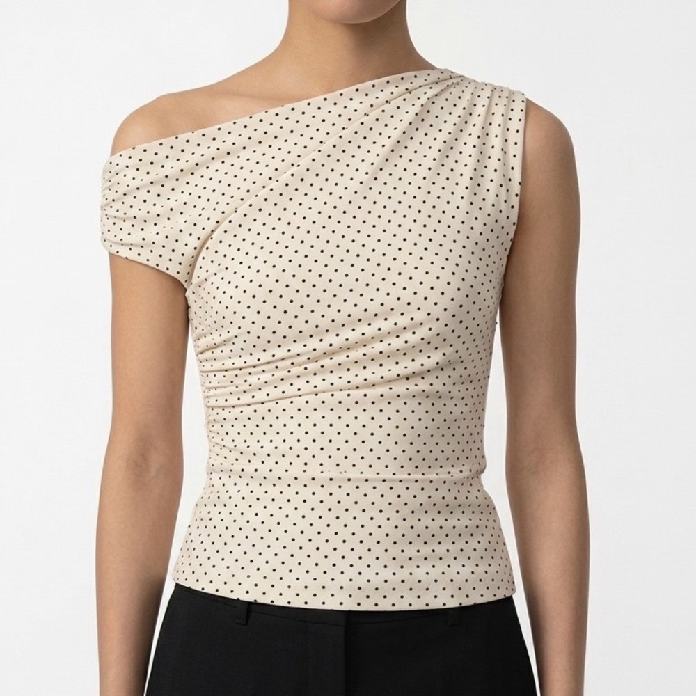 Aritzia Babaton Gallery Top Women Large Birch Black Polka Dot Cowl Neck Office